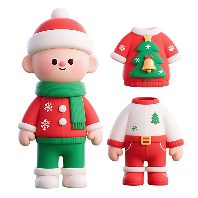 软3D粘土风卡通人物，萌趣圣诞造型，红绿配色喜庆十足，搭配圣诞树与铃铛元素，传递节日温暖氛围。