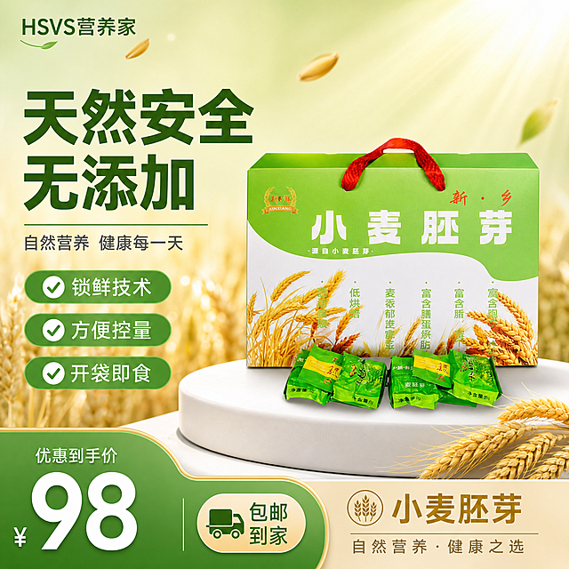 [主图-1] 新乡小麦胚芽礼盒 首图点击率 天然营养健康主题。
[统一基调] 淘宝天猫粮油米面品质风，清新自然健康感，背景主色为渐变浅绿到米白，标题字色深绿加粗黑体，辅助字色深灰，强调色金黄麦色，字体为现代无衬线黑体，字号层级分明，卡片圆角柔和，图标简洁线性。
[画面] 产品礼盒居中偏右，占画面约65%，礼盒为绿白配色带红色提手，正面印有小麦胚芽字样和金色麦穗图案，礼盒前方摆放几包独立小包装绿色袋装小麦胚芽。左侧为文案区，背景是虚化的金色麦田和阳光洒落效果，有麦穗轻轻飘动的自然氛围。产品下方是白色圆形展示台，带有柔和接触阴影。
[光影质感] 自然暖阳逆光，从右上方洒下，产品表面有柔和高光，礼盒材质呈现真实纸质包装质感，麦穗有通透金黄光泽，整体温暖明亮有食欲感。
[配色] 主背景浅绿渐变到米白，标题深绿，辅助文字深灰，强调元素金黄色，产品保持原图绿白红配色。
[文字版式] 左上角放品牌小标"HSVS营养家"。左侧大标题"天然安全 无添加"分两行，粗黑体深绿色。标题下方三个圆角绿色图标卖点：锁鲜技术 方便控量 开袋即食，每个图标前有对勾符号。底部左侧价格区"优惠到手价 98"大字，右侧"包邮到家"小字标签。右下角标注"小麦胚芽"金色小字。
[输出要求] 1:1正方形比例，文字清晰可读不模糊，产品完整清晰不变形，无错字无水印无平台logo，画面干净专业有品质感。