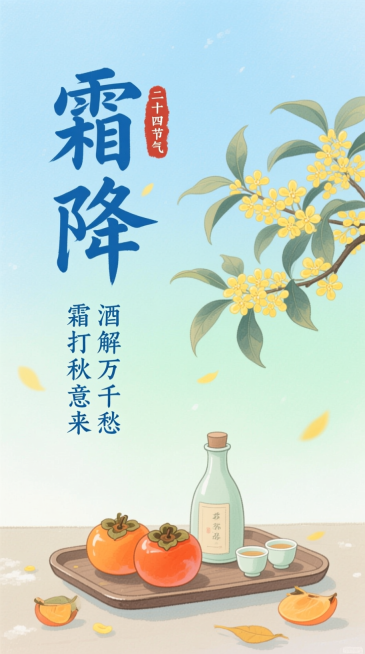 画面采用清新的水彩风格，背景是渐变的浅蓝与淡绿色，文字部分，“霜降” 二字以蓝色醒目呈现，标注 “二十四节气” ，还有 “霜打秋意来 酒解万千愁” 的诗句，右侧有开满黄色花朵的桂枝，增添了秋的韵味；下预览效果