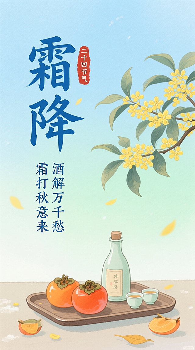 插画风结合轻拟物与水彩质感，以柔和色调呈现霜降节气的中式雅韵，柿子、桂花与清酒营造清新舒适氛围，传递秋日静谧诗意。
