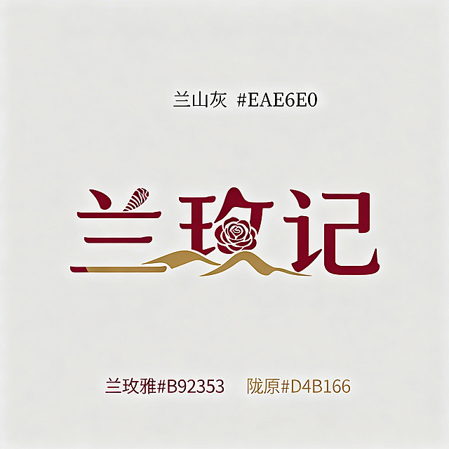 兰玫记品牌Logo设计，将“兰玫记”三个字整体做创意书法字体变形，把三字结构自然融合兰州山形轮廓和苦水玫瑰造型，笔画中融入玫瑰花瓣纹理和山脉起伏线条，三字连贯一体成标志图形，极简新中式风格，现代简约，辨识度高，高级干净。主色兰玫雅红#B92353，辅色陇原金#D4B16E，背景兰山灰#EAE6E0，体现匠心传承。