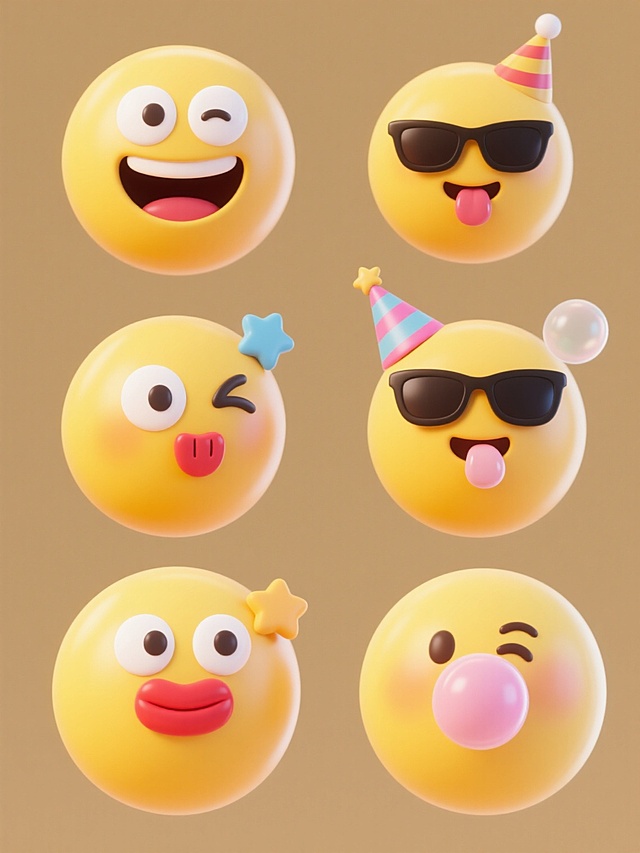 6个不同表情的3D立体卡通黄色笑脸emoji图标系列，保持圆润饱满的造型、光滑渐变的黄色皮肤质感、白色圆形眼睛高光和红色嘴唇的设计风格，包含大笑露齿、眨眼wink、戴墨镜酷拽、流口水馋嘴、戴生日帽惊喜、吹泡泡糖俏皮的表情，每个表情都有独特的细节元素如星星、墨镜、帽子、口水、泡泡等，纯色背景，规整排列成2行3列的集合样式，整体保持统一的可爱卡通风格和视觉语言。