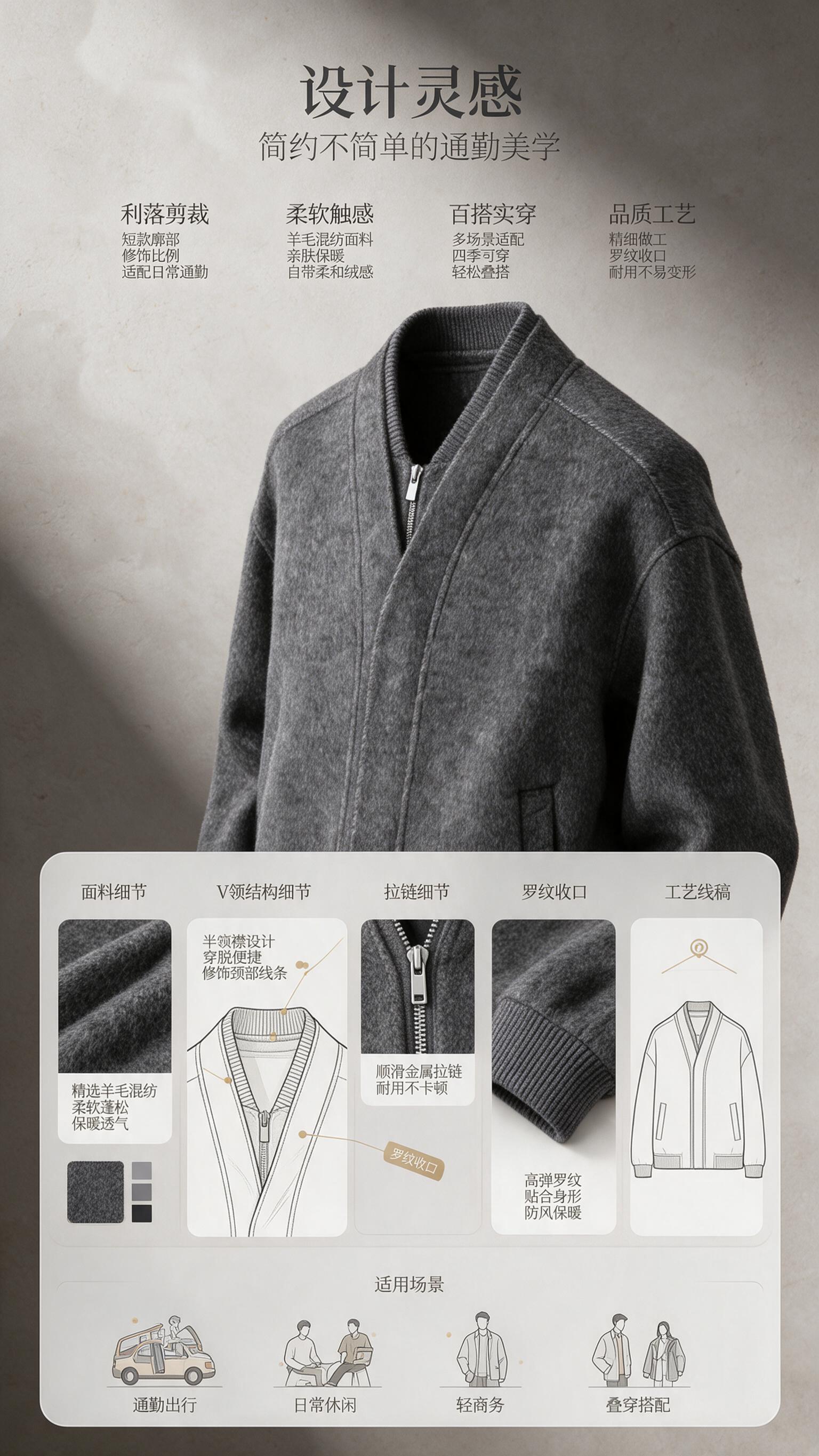 [商品] 使用【图1】深灰色羊毛混纺V领拉链夹克；商品处理：保… - 图片创意预览