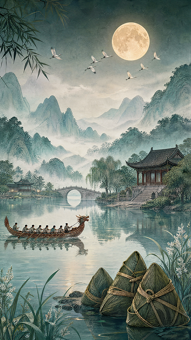 竖版无文字端午主题海报，国风清雅古韵风格。浅青水墨山水为底，层叠青山晕染青碧色泽，袅袅薄雾漫绕山谷间。暖金圆月悬于浅墨夜空，群鹭凌空翩飞。湖面澄澈平稳，倒映天地景致。湖面伫立圆润粽子山石，青褐粽叶纹理自然，浅黄绳纹缠绕点缀。岸边丛生青翠菖蒲艾草，枝叶舒展灵动。水面浮着古朴红棕龙舟，舟身雕饰精美，数位划手身姿舒展协力竞渡。侧边坐落古朴中式亭台楼阁，石质拱桥临水横跨，整体意境悠远温婉，节日氛围感浓郁