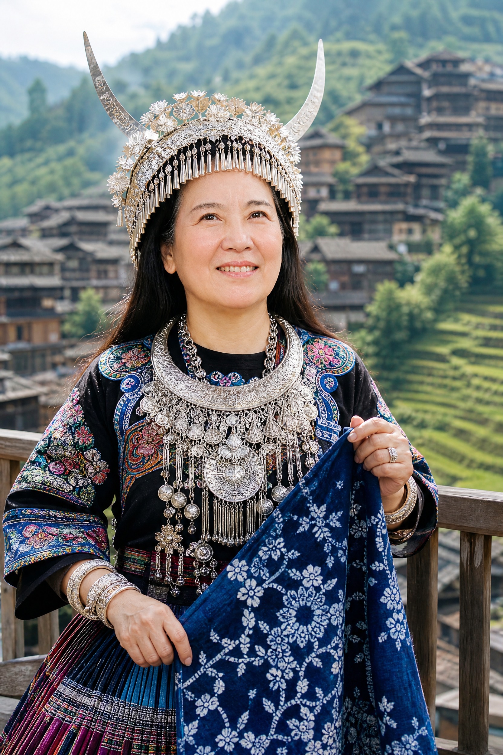 苗族民族写真，保留参考图的人脸特征，40多岁东方女性，上半身占… - 图片创意预览