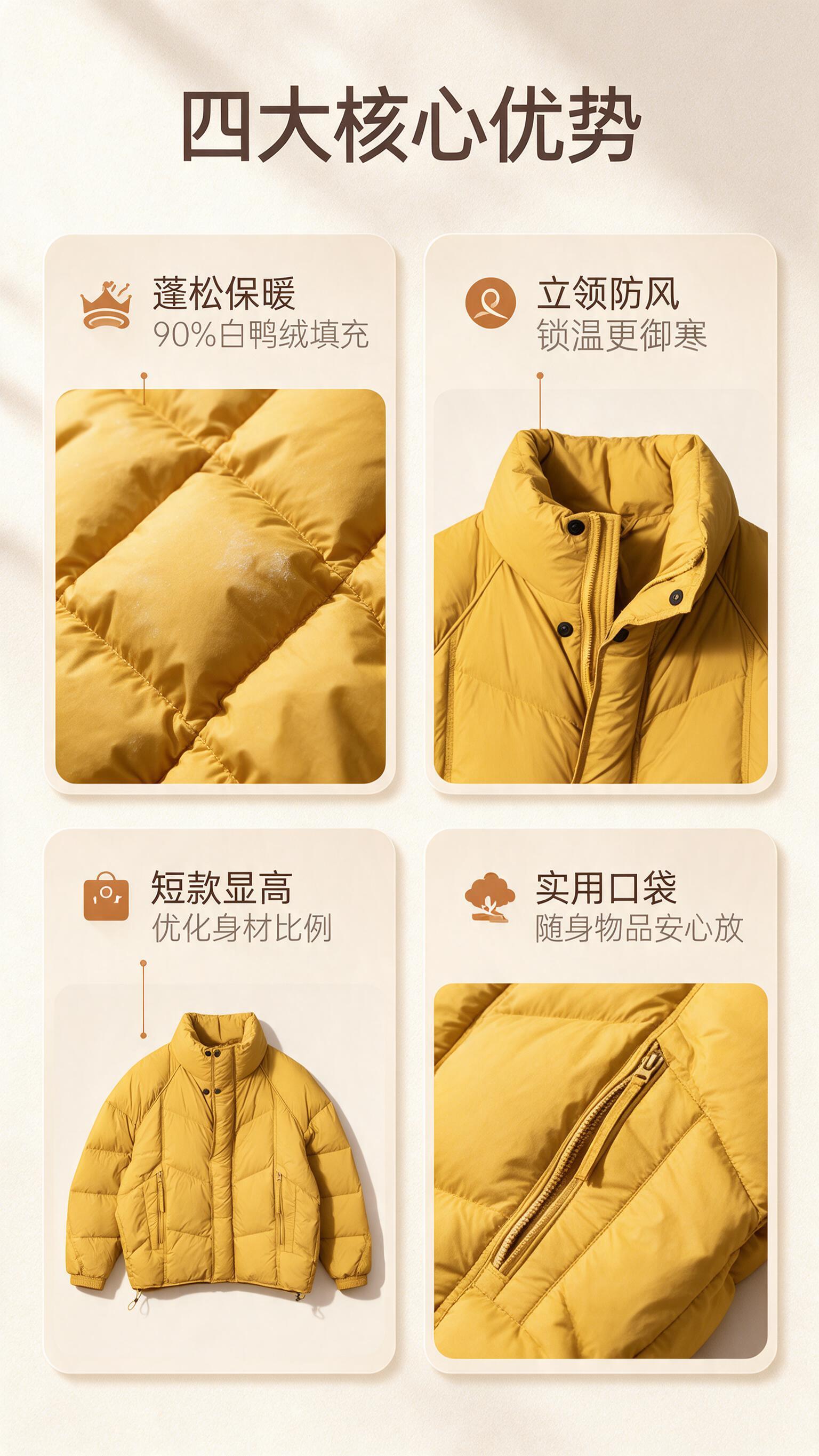 [商品] 使用【图1】姜黄色立领短款羽绒服；商品处理：保留立领… - 图片创意预览
