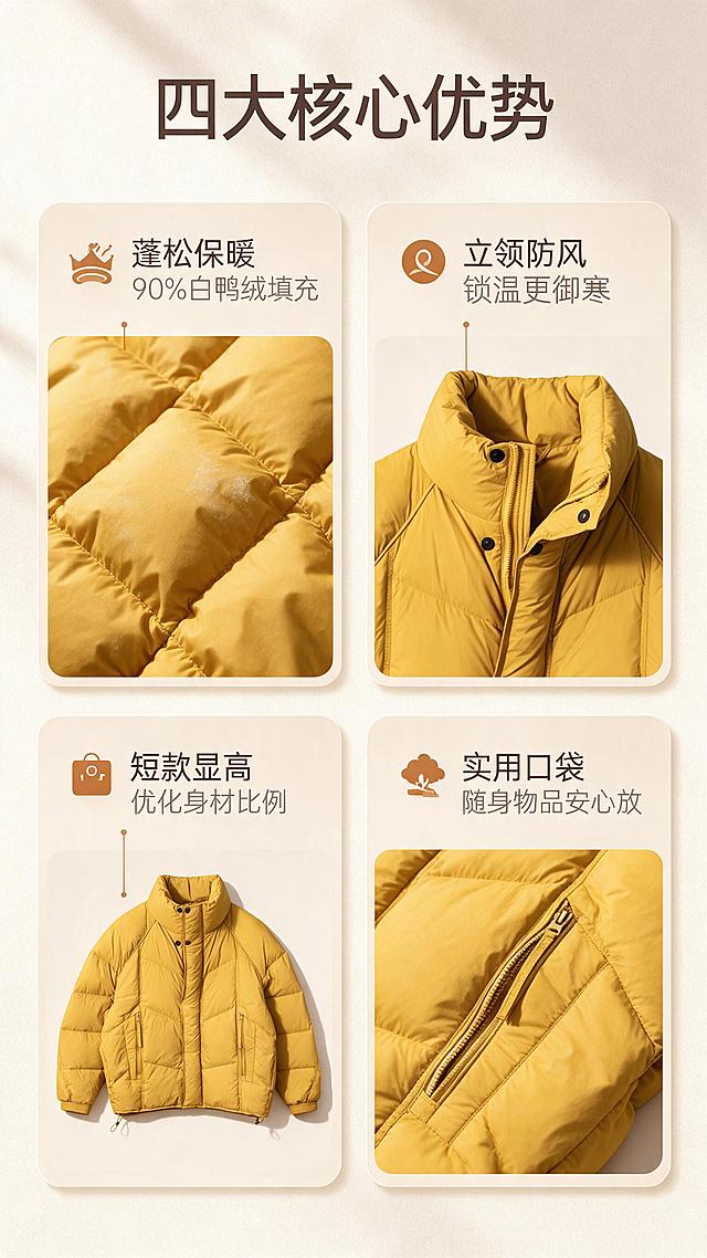 [商品] 使用【图1】姜黄色立领短款羽绒服；商品处理：保留立领、按扣门襟、插肩袖、拉链斜插口袋、下摆抽绳、松紧袖口、姜黄色和羽绒蓬松面料；自然去除衣身杂乱褶皱与压痕，理顺版型，增强羽绒蓬松感、面料纹理、缝线、拉链和五金质感，不改变版型和结构。
[画面] 目标：核心卖点页，集中展示4大核心优势。构图：上方大标题，下方2×2宫格布局，每格对应一个卖点+羽绒服局部特写；左上蓬松羽绒、右上立领防风、左下显高版型、右下实用口袋。景别：中景+局部特写组合。前中后景：暖米白背景、浅米色卡片承托、柔和投影。
[视觉] 套系策略：风格=韩系简约高级商业摄影；标题字=现代无衬线粗体；正文字=简洁无衬线体；主色=姜黄暖橘；背景延展=基于暖米白做深浅层级、同色渐变和细腻纸张/织物质感；强调色=焦糖棕，仅用于小面积图标、引线和标签；标题色=深炭棕；正文色=中暖灰；组件=圆角浅底信息卡、细线引线；光影=左前侧暖柔光，柔和自然阴影。
[文字] 顶部主标题"四大核心优势"，每个宫格内配小标题+1行说明："蓬松保暖 90%白鸭绒填充""立领防风 锁温更御寒""短款显高 优化身材比例""实用口袋 随身物品安心放"；文字全部横排，字号手机端可读。
[规格] 图片比例9:16竖版，分辨率2K，避免变形、错字、文字过小、冷蓝/蓝灰背景、衣服颜色改变、版型失真、极限词。
