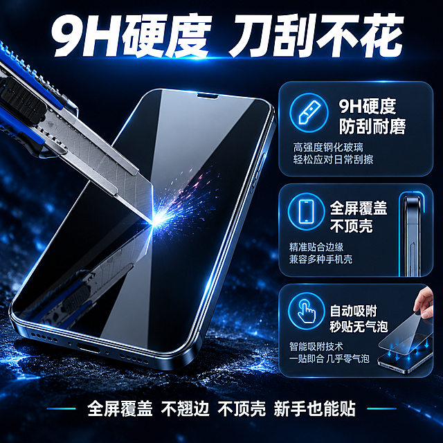 [主图-5] 购买决策信息图，展示钢化膜的耐磨防刮特性与适配信息，帮助用户下单决策。
[统一基调] 抖音强视觉冲击科技风，深色渐变背景带微弱蓝光粒子，主标题白色粗黑体大字，辅助文字浅灰色，强调色用科技蓝，字体统一为无衬线粗体，字号层级分明，卡片用圆角半透明深色底板。
[画面] 画面左侧展示一张钢化膜，一把美工刀的刀刃正在膜表面划过，膜面完好无损没有划痕，旁边有火花特效表现硬度。画面右侧用三个圆角信息卡片竖向排列，分别展示：第一张卡片"9H硬度 防刮耐磨"配小刀图标，第二张卡片"全屏覆盖 不顶壳"配手机侧面轮廓图，第三张卡片"自动吸附 秒贴无气泡"配贴膜手势简图标。底部有一行适配说明文字。
[光影质感] 商业产品摄影质感，钢化膜表面光滑有玻璃光泽，刀刃金属质感真实，划痕对比效果明显，整体冷调科技感。
[配色] 深蓝黑渐变背景，信息卡片深灰半透明，图标科技蓝，文字白色。
[文字版式] 画面顶部主标题"9H硬度 刀刮不花"，右侧三张卡片各有标题和简短说明，底部小字"全屏覆盖 不翘边 不顶壳 新手也能贴"。
[输出要求] 1:1正方形比例，信息清晰易读，产品外观一致，无变形错字，无水印无平台Logo，无杂乱元素。