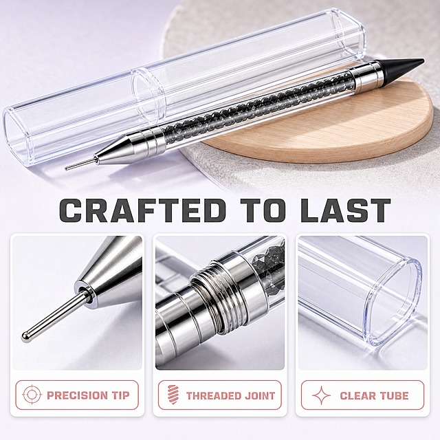 [主图-3] Dual-Tip Rhinestone Picker Pen 5.7 in / 14.5 cm — Wax & Metal Dotting Tool with Storage Tube for Nail Art Crafts and Diamond Painting 做工细节图。唯一任务：用微距证明三处不同部位的做工，聚焦金属针尖、笔身金属接口与透明笔身及收纳管；本图不重复双头功能说明与套装清单。
[统一基调] 明亮通透的轻奢手工电商信息图；浅灰白到淡紫白的柔和渐变底、浅灰手作台面与浅木色小托为环境色；主标题深靖灰，辅助文案中灰，强调色玫瑰金粉；全套只用一种几何无衬线粗体字，标题最粗最大、辅助文案缩小五成以上且只变字号层级不换字体；组件统一为 12px 圆角白卡配 1px 浅灰描边与 2px 线性图标；光影统一左上方明亮柔光、产品下方自然接触阴影。
[画面] 画面上方约 45% 为产品主视觉：点钻笔与透明收纳管并排斜放、两端笔头朝向镜头，笔身保持与输入图一致的结构与比例；下方为三张等宽白色圆角证据卡横向排列：第一张为金属针尖微距，呈现针尖圆润无毛刺、与金属头连接紧密；第二张为笔身金属接口微距，呈现螺纹与金属环的细腻拉丝质感；第三张为透明笔身与收纳管微距，呈现清透管壁、平顺表面与圆整管口；每张卡片下方配一个短标签，分别写 "PRECISION TIP"、"THREADED JOINT"、"CLEAR TUBE"；主标题 "CRAFTED TO LAST" 放在上方主视觉与下方卡片之间的留白区。
[光影质感] 略硬的柔和侧光强化金属针尖与螺纹层次，透明管壁呈清透玻璃质感与细窄高光，三张白卡内部保持左上光向，接触阴影真实。
[配色] 浅灰白底；深靖灰标题、中灰说明文字；玫瑰金粉仅作标签描边与强调色；卡片为白色 12px 圆角配 1px 浅灰描边。
[文字版式] 沿用统一几何无衬线粗体；主标题最粗最大，卡片标签缩小五成以上；全部横排，不压主体。
[输出要求] 比例 1:1（2048×2048），微距细节清晰可辨；负向：虚构零件、针尖弯曲变形、笔身结构错误、中文文字、错字、产品变形、卡片风格不一致、模糊、水印、平台 Logo。