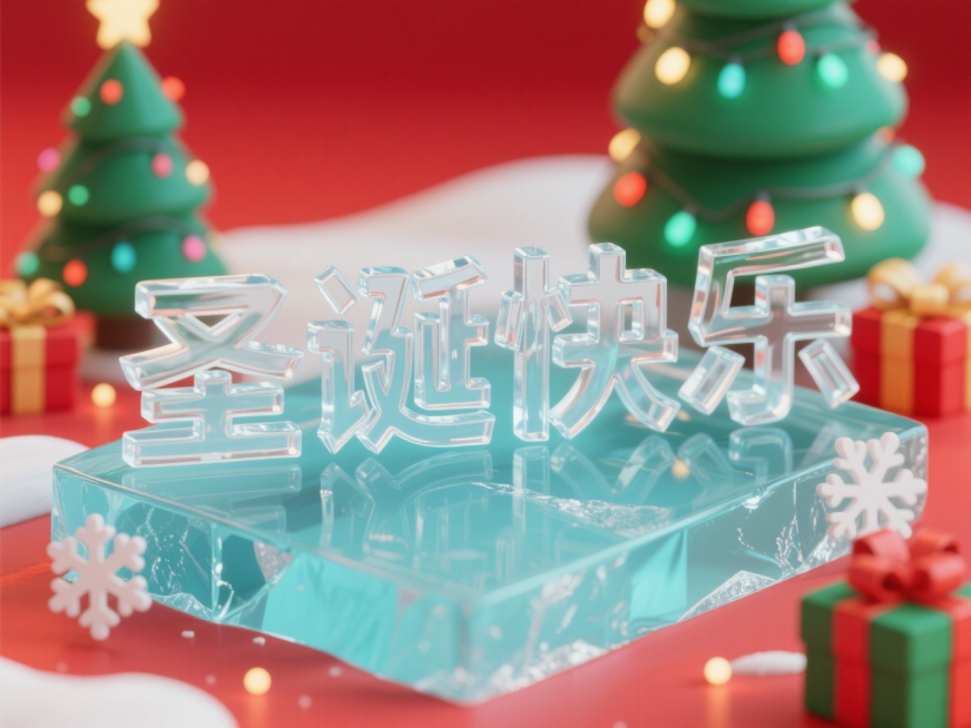 圣诞节场景，画面中央有“圣诞快乐”四个大字，字体采用冰块材质，晶莹剔透，带有冰的纹理和光泽，背景是温馨的圣诞场景，有圣诞树、彩灯、雪花和礼物盒，整体色调以红色、绿色和白色为主，营造出浓厚的节日氛围预览效果