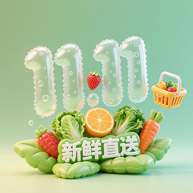 充气数字 “11.11” 搭配生鲜果蔬与购物篮，凸显双 11 生鲜新鲜直送