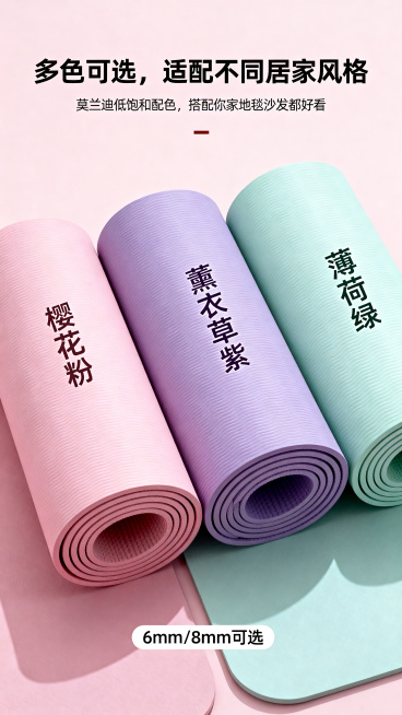 电商详情页颜色展示图，樱花粉、薰衣草紫、薄荷绿三个颜色的TPE瑜伽垫并排摆放，每个瑜伽垫都标注对应颜色名称，同时标注厚度规格"6mm/8mm可选"，大标题文字"多色可选，适配不同居家风格"，说明文字"预览效果