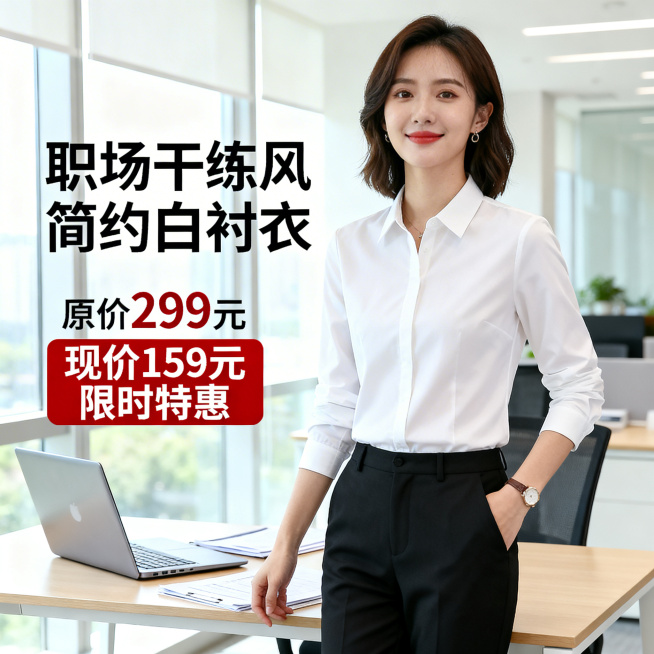 职场场景女士衬衣电商主图，画面中是一位干练的职业女性，身着简约白色女士衬衣，搭配黑色西装裤，背景是明亮整洁的现代化办公室，桌上摆放着笔记本电脑和文件，画面上方有文字“职场干练风 简约白衬衣”，下方标注预览效果