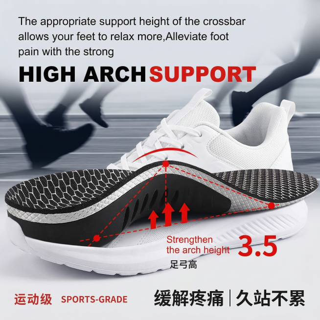 主图3：鞋垫置于白色运动鞋内，背景为动态模糊跑步者脚部剪影（仅显足部轮廓），突出‘缓解疼痛｜久站不累’卖点；右下角悬浮该文案（无底框，深灰粗体）；产品清晰可见，保留蜂窝纹理与3.5标注；全屏无边框，1预览效果