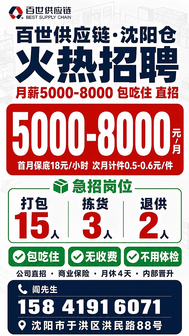 调整这张招聘海报最下方的深蓝色联系信息区域，使阎先生、电话、地址的字号更协调美观。具体调整：1. 「阎先生」字号适当缩小，与电话数字形成更舒适的层级对比，不要过大；2. 电话号码「158 4191 6071」保持最大最醒目，但与阎先生的大小差距更协调；3. 地址「沈阳市于洪区洪民路88号」字号适当调大一些，与整体更平衡，不要过小；4. 三行文字的行间距调整得更均匀舒适，深蓝色块内上下留白更均衡；5. 保持整体藏蓝+绿+红的配色风格不变，其他区域内容和排版保持原样。