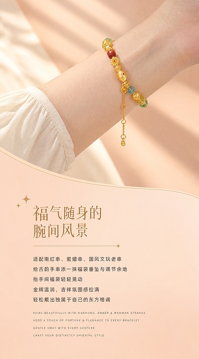 【第6张·福袋款佩戴页】
[商品] 使用小福袋延长链搭配多彩碧玺手串图；将延长链与手串佩戴在女性手腕上，展示真实佩戴效果；严格还原足金原色、古法金磨砂质感、福袋造型；手串珠子颜色和金色配件保持原样。
[画面] 画面上半部分为女性手腕侧戴手串特写，福袋延长链自然垂坠在手串扣头处，随手腕角度呈现优雅弧度，手腕穿着浅色米白衣袖。背景为暖杏色到蜜桃裸粉色的柔和渐变，有柔和百叶窗光影斜射。下半部分为文案区域，有弧形过渡。产品占画面50%。
[视觉] 套系策略：风格=高端轻奢珠宝商业摄影；主标题字=精致衬线体，浅金棕色；单品标题字=中号无衬线体；正文字=小号无衬线体，深咖暖灰色；英文字=细体无衬线，拉开字距；主色=暖杏蜜桃裸粉渐变；背景延展=暖杏色到裸粉色柔和渐变，细腻哑光质感，弧形过渡分隔上下区域；强调色=浅金棕色；组件=细金线+星光装饰分隔；光影=左前侧暖柔光，金属高光细腻柔和，皮肤质感自然。
[文字] 画面下方左对齐或居中排版：主标题"福气随身的腕间风景"（精致衬线体，浅金棕色），标题左侧有星光装饰，标题下方有细金线分隔。下方正文5行："适配南红串、蜜蜡串、国风文玩老串""给古韵手串添一抹福袋垂坠与调节余地""抬手间福袋轻轻晃动""金辉温润，吉祥氛围感拉满""轻松戴出独属于自己的东方格调"（小号无衬线体，深咖暖灰色）。最底部4行英文小字，细体无衬线拉开字距："PAIRS BEAUTIFULLY WITH NANHONG, AMBER & WENWAN STRANDS""ADDS A TOUCH OF FORTUNE & ELEGANCE TO EVERY BRACELET""GENTLE SWAY WITH EVERY GESTURE""CRAFT YOUR DISTINCTLY ORIENTAL STYLE"。文字不遮挡手腕和产品。
[规格] 宽度850px，长竖版比例约1:1.8，2K，quality=high。避免手部不自然、延长链佩戴方式错误、黄金发白、文字遮挡产品。