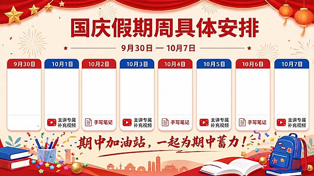 参考这张国庆假期周安排海报的整体风格、配色、版式和装饰元素，保持顶部红色幕布、金色星星、灯笼、烟花等装饰不变，保持顶部大标题"国庆假期周具体安排"和副标题"9月30日 — 10月7日"不变，保持底部"期中加油站，一起为期中蓄力！"标语和底部书本、书包、文具等装饰不变。修改中间8个卡片：每个卡片中间一行（内容区域）全部留空，变成空白区域，不显示任何文字内容；只保留顶部的日期栏（9月30日、10月1日...10月7日）和底部的图标+文字标签（如主讲专属补充视频、手写笔记等），中间内容行完全空白。整体风格、配色、布局结构与参考图一致，仅清空中间内容行。
