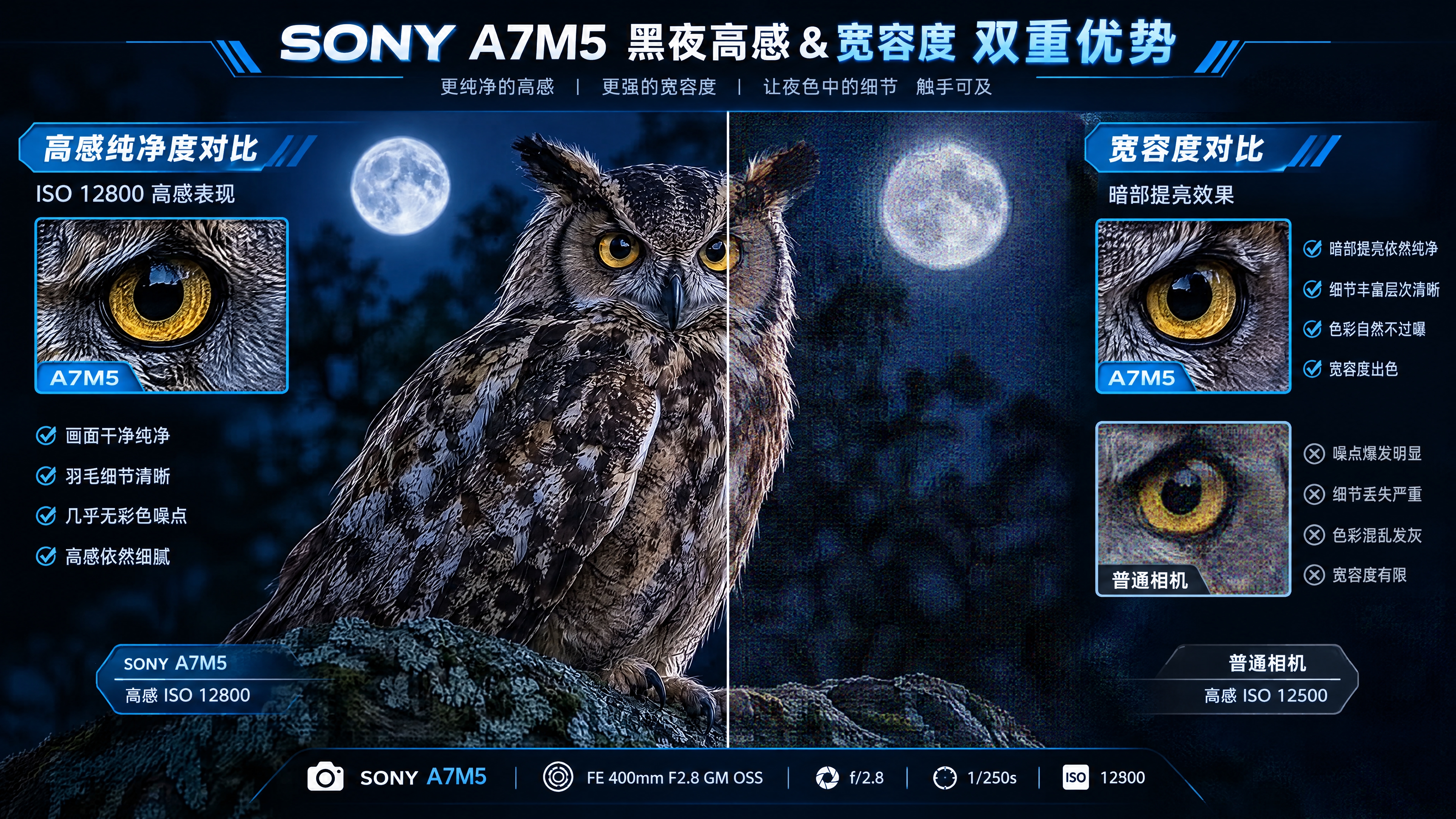 基于参考图中的雕鸮，制作一张16:9宽屏的索尼A7M5黑夜高感… - 图片创意预览