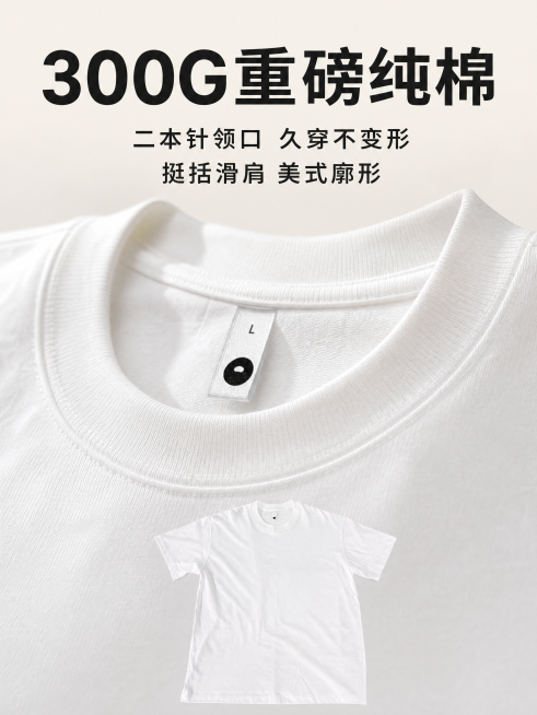 [主图-2] 300克美式重磅T恤领口细节主图。保持T恤白色外观、重磅纯棉材质与输入产品图绝对一致，杜绝任何变形和色差，精细化处理。氛围风格：拼多多品质细节展示风，简洁专业。画质：商业摄影质感、光线柔预览效果