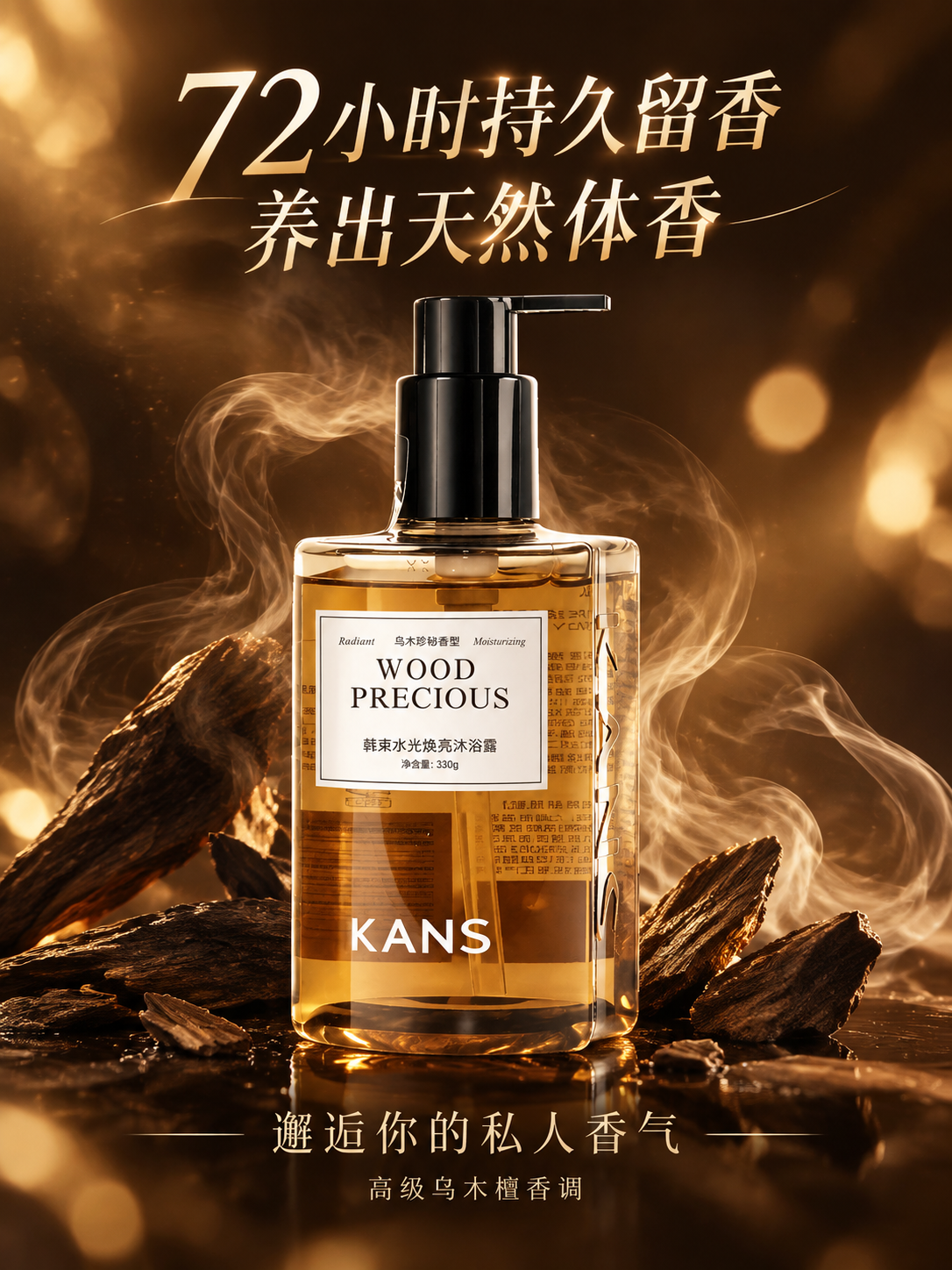 韩束水光焕亮沐浴露持久留香卖点主图，产品瓶身居中，周围环绕袅袅… - 图片创意预览