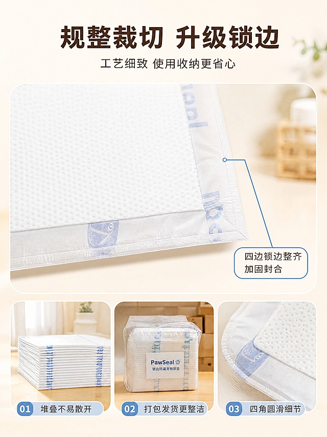[商品] 使用【图1】PawSeal 锁边防漏宠物尿垫：保留白色点状压纹表层、半透明锁边包边、浅蓝色印刷标识和整体结构配色；画面以四边锁边细节为主体，不改变垫体材质、结构和颜色。
[画面] 第7张，工艺细节-局部放大+步骤型：暖白背景，尿垫四边锁边局部放大居中约占画面55%，细引线标注“四边锁边整齐·加固封合”；画面下方3张小图：整齐堆叠的尿垫（堆叠不易散开）、打包发货场景（包装整洁）、一张展示四边圆弧角细节；信息载体=局部放大+引线+三格小图，构图与第6张不同。
[视觉] 套系策略：风格=温馨家庭生活摄影+功能型信息排版；标题字=现代无衬线粗黑体；正文字=简洁无衬线体；主色=奶油暖白；背景延展=基于奶油暖白做深浅层级、暖米同色渐变和细腻织物/原木质感；强调色=雾蓝色，仅用于小面积图标、引线和标签；标题色=深可可棕；正文色=暖灰棕；组件=圆角信息卡、细引线、编号胶囊；光影=柔和暖光。
[文字] 顶部主标题“规整裁切 升级锁边”（横排），副标题“工艺细致 使用收纳更省心”；引线说明“四边锁边整齐 加固封合”；下方3格短标签“堆叠不易散开”“打包发货更整洁”“四角圆滑细节”；全部横排，不遮挡锁边细节。
[规格] 3:4竖版，4K，避免变形、错字、文字过小、竖排或旋转文字、冷蓝/蓝灰背景、产品颜色改变、水印、平台logo、绝对化用语、医疗功效暗示。