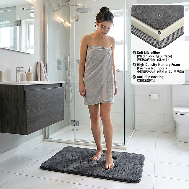 1:1比例明亮浴室场景，地面为白色通铺地砖；画面中心是参考图样式的深灰色记忆棉地垫，刚淋浴完裹着淡灰色毛巾的女士脚踩在地垫上，地垫形成自然凹陷，女士脚上带有水珠，直观展示记忆棉的缓冲回弹特性与吸水效果；画面左侧是深灰色卫浴柜，右侧隐约露出马桶，人物后方是玻璃淋浴间；右上角搭配地垫分层结构示意图，标注表面绒毛锁水、中间记忆棉层缓冲支撑的吸水原理，整体突出地垫亲肤、吸水、防滑的核心卖点