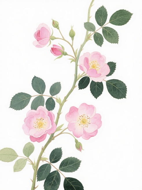 水彩风格插画，纯白色背景，一株藤蔓蜿蜒向上，枝头开满粉色蔷薇花，花瓣边缘带有柔和的水彩晕染效果，花蕊呈淡黄色，点缀着细小的白色花粉，藤蔓上长着深绿色的卵形叶片，叶片边缘有细微的锯齿，叶脉清晰可见，部分叶片带有浅绿色的嫩芽，整体画面清新自然，色彩过渡柔和，保持水彩特有的透明质感和湿润笔触，藤蔓的弯曲形态自然流畅，花朵和叶片的布局疏密有致，营造出优雅恬静的氛围。预览效果