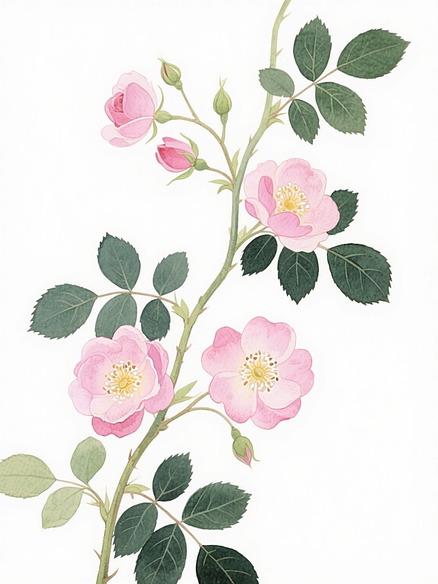 水彩风格插画，纯白色背景，一株藤蔓蜿蜒向上，枝头开满粉色蔷薇花，花瓣边缘带有柔和的水彩晕染效果，花蕊呈淡黄色，点缀着细小的白色花粉，藤蔓上长着深绿色的卵形叶片，叶片边缘有细微的锯齿，叶脉清晰可见，部分叶片带有浅绿色的嫩芽，整体画面清新自然，色彩过渡柔和，保持水彩特有的透明质感和湿润笔触，藤蔓的弯曲形态自然流畅，花朵和叶片的布局疏密有致，营造出优雅恬静的氛围。