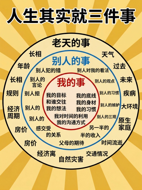 一张正能量心理科普海报，顶部主标题为"人生其实就三件事"，画面分为三个同心圆层级：最内层红色标题"我的事"，包含文字：我的目标、我的底线、和谁交往、我的身材、我的想法、我的习惯、我对时间的利用、我的沟预览效果