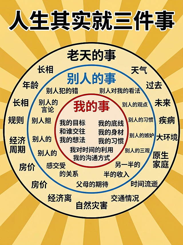 一张正能量心理科普海报，顶部主标题为"人生其实就三件事"，画面分为三个同心圆层级：最内层红色标题"我的事"，包含文字：我的目标、我的底线、和谁交往、我的身材、我的想法、我的习惯、我对时间的利用、我的沟通方式；中间层蓝色标题"别人的事"，包含文字：别人犯的错、别人对我的看法、别人的观点、别人的言论、别人的习惯、别人的嫉妒、别人的三观、别人的感受、另一半的收入、父母的关系、父母的期待；最外层黑色标题"老天的事"，包含文字：长相、年龄、天气、过去、未来、疾病、大环境、原生家庭、时间流逝、规则、经济周期、房价、自然灾害、交通情况。背景为暖黄色放射光线，整体风格简洁清晰、治愈励志，字体为粗黑体，文字排版工整清晰，适合中老年群体阅读，传递"专注自身、减少内耗"的生活智慧。