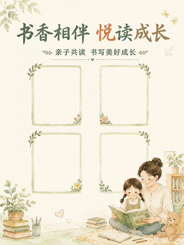 修改主标题文字为"书香相伴 悦读成长"，保持原海报所有其他元素不变：素雅手绘风格竖版海报，副标题文字为"亲子共读 书写美好成长"，整体浅素色背景，保留温馨的亲子阅读手绘场景，保留4个均匀分布的竖版照片预留位置，保持柔和手绘风，配色素雅清淡，版式精美，新标题醒目清晰，文字完整可见