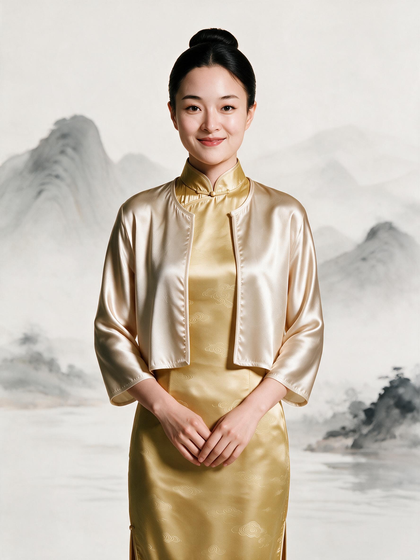 去掉人物两耳侧的小碎发，发型干净整洁，丸子头利落，将背景替换为… - 图片创意预览