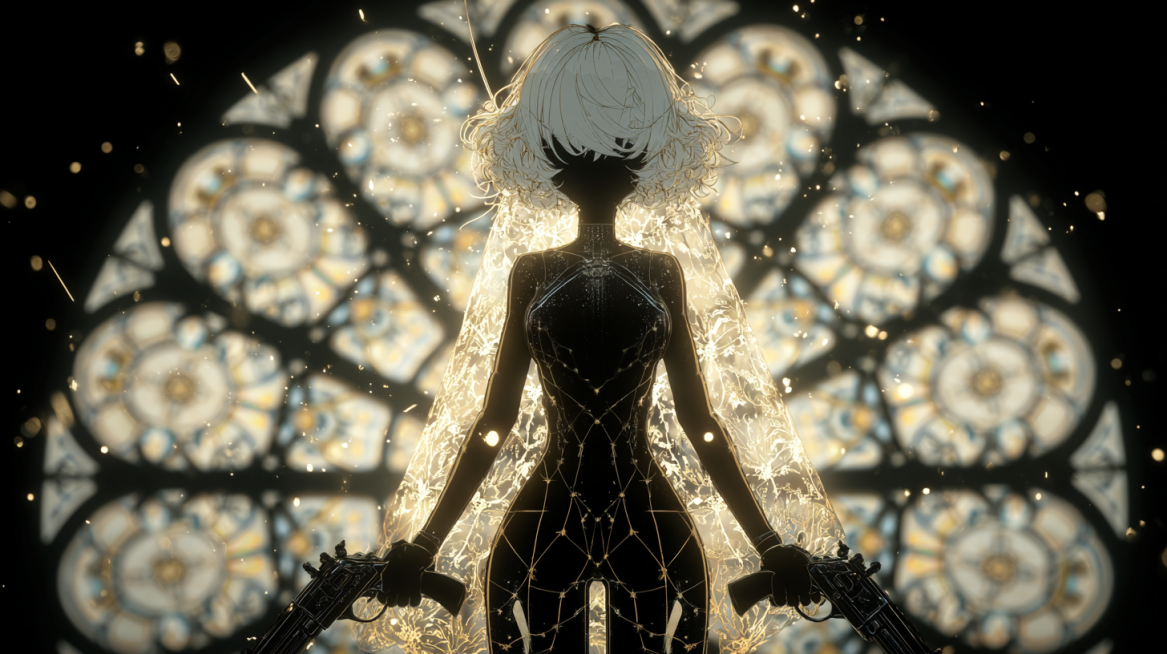 Anime silhouette of Tomoe Mami, black body, black face, no facial features, curly white hair with cr预览效果