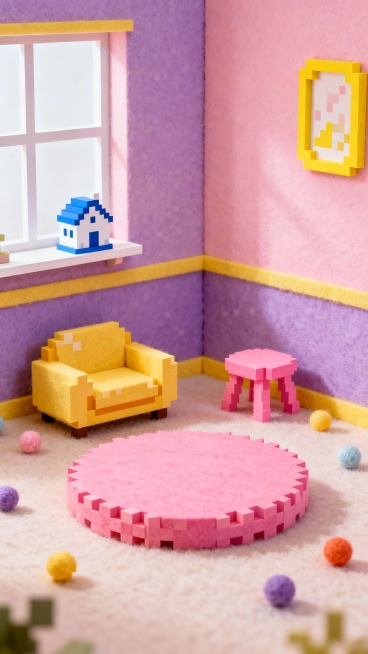 一个充满梦幻可爱氛围的像素毛毡材质房间，柔和的粉紫色墙壁搭配鹅黄色装饰线条，角落里有一个黄色的小沙发和粉色的小凳子，房间中央是一个粉色的圆形平台，地面上散落着几个彩色的毛毡小球，窗边的架子上摆放着蓝白相间的小房子摆件，墙上挂着黄色边框的装饰画，整体采用低多边形像素化毛毡质感，光线柔和温暖，营造出甜美温馨的童话空间感。预览效果
