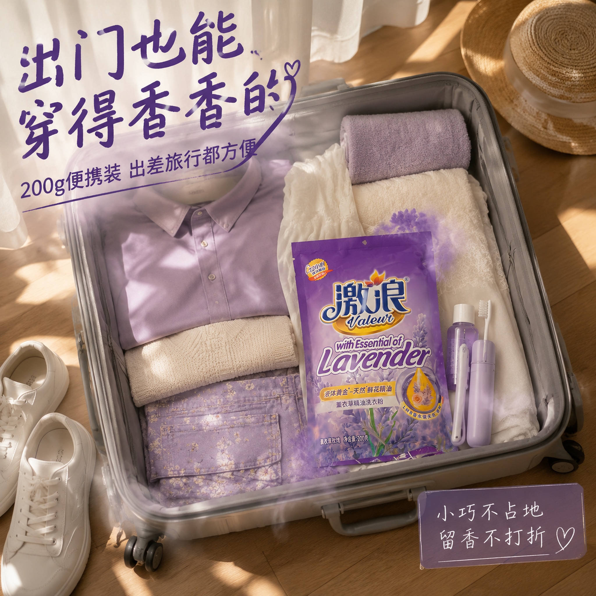 [主图-4] 激浪薰衣草精油洗衣粉便携出行场景图 [氛围风格]… - 图片创意预览