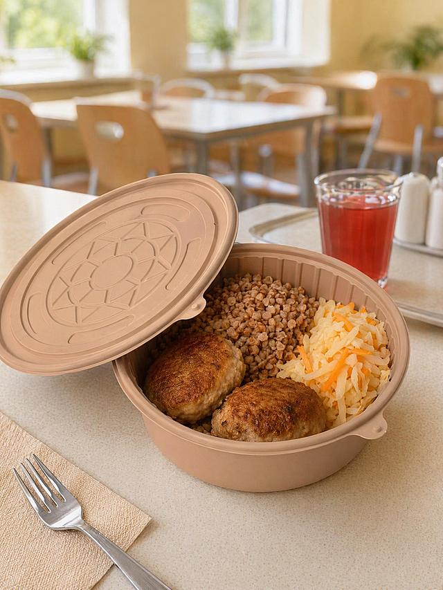 Round beige bamboo fiber container with lid, student canteen dining scene, placed on a canteen table, fill the container with typical Russian student meal: buckwheat porridge with fried cutlets and fermented cabbage, keep the original container shape, embossed lid texture, color unchanged, bright canteen lighting, 3:4 ratio, 2K resolution, medium quality