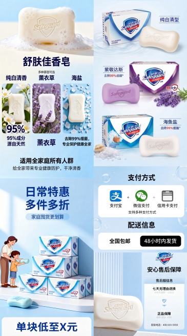 将舒肤佳香皂商品详情页的五个部分：商品信息、商品展示、促销信息、支付配送信息、售后信息，从上到下依次排布汇聚到一张竖版长图中，保持各部分内容清晰，整体风格统一干净，符合舒肤佳品牌调性，竖版长图构图。预览效果