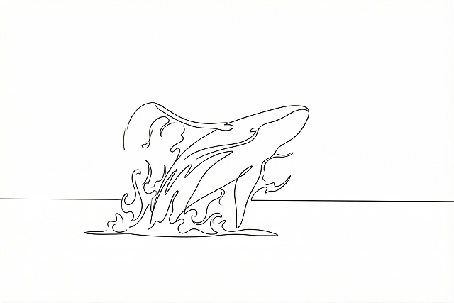 将这张鲸鱼跃出海面的图片转换为极简线条艺术风格，保留鲸鱼的形态和跃出水面的动态感，仅保留干净流畅的线条，去除多余色彩和纹理