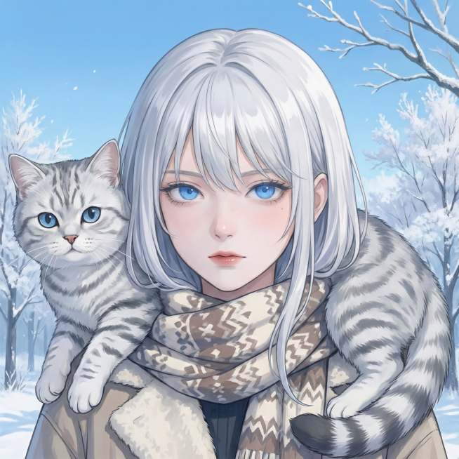 我说了不要涂口红，最好是日本动画的画风，你这个稍微偏写实了。此外头上趴的猫银渐层颜色不明显，看起来也像没长大的小猫。换成猫趴在肩上，看起来更像成年猫。美少女衣服换成冬季的带围巾预览效果