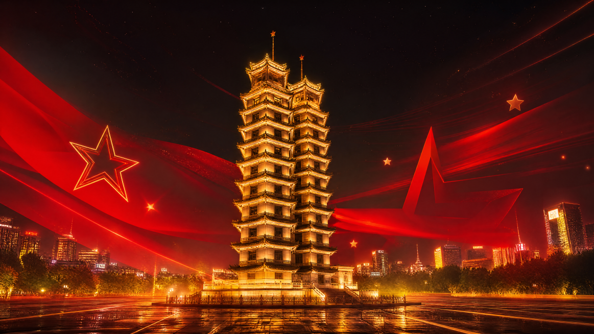 郑州二七纪念塔夜景，暖金色灯光勾勒双塔轮廓，背景融入抽象红色光带与星形元素，象征革命精神传承；画面庄重高级,横屏构图，电影级光影质感，适合红色主题演讲背景预览效果