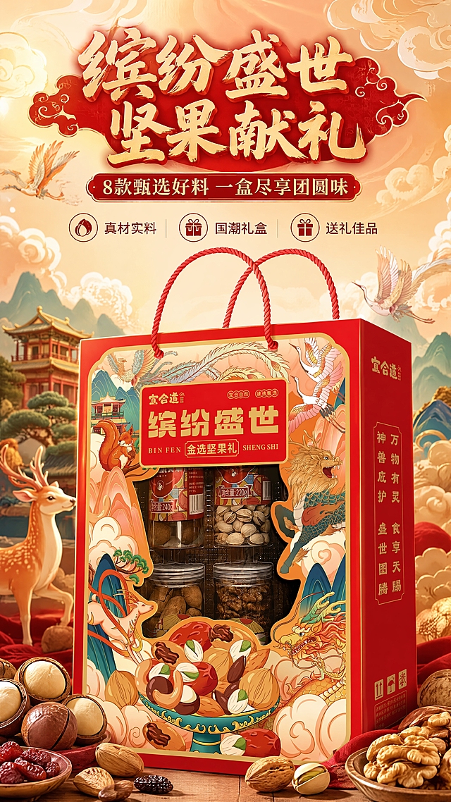 [商品] 使用【图1】宜合道缤纷盛世坚果礼红色国潮礼盒；保留礼盒整体结构、红色主色调、祥龙瑞凤仙鹤松鼠鹿等国潮插画、金色描边、红色提手、正面"宜合道""缤纷盛世""金选坚果礼"文字及侧面文字，不改变包装图案与文字内容；礼盒透视角度自然，开窗内罐身清晰可见。
[画面] 目标：头图海报，突出高端国潮礼盒与节日送礼氛围。构图：上文下图，顶部大标题区，中部偏下礼盒主体占画面65%，礼盒微微仰视角度，正面略侧展示立体感。前景散落夏威夷果、红枣、葡萄干等真实坚果食材，中景礼盒，背景为淡金色祥云纹样与暖光晕染，≥3层视觉层次。阅读动线从上至下。
[视觉] 套系策略：风格=国潮喜庆高端食品商业摄影；标题字=中式书法黑体（厚重有力）；正文字=现代简洁黑体；主色=中国红+鎏金；背景延展=基于红金做深浅渐变、祥云纹理、纸质质感层次；强调色=暖金色，仅用于小面积图标、引线、标签和光效点缀；标题色=鎏金色+红色底衬；正文色=深棕红；组件=祥云纹样装饰、金色细线、圆角红底信息卡；光影=左前侧暖柔光，礼盒边缘金色轮廓光，整体明亮喜庆。
[文字] 顶部居中主标题"缤纷盛世 坚果献礼"，副标题"8款甄选好料 一盒尽享团圆味"，下方3个短卖点图标+文字"真材实料""国潮礼盒""送礼佳品"；文字全部横排，不遮挡礼盒主体与正面核心图案；字号保证手机端清晰可读。
[规格] 图片比例9:16竖版，4K，负向提示：避免变形、错字、文字过小、冷蓝灰背景、礼盒图案错乱、文字竖排、绝对化用语。
