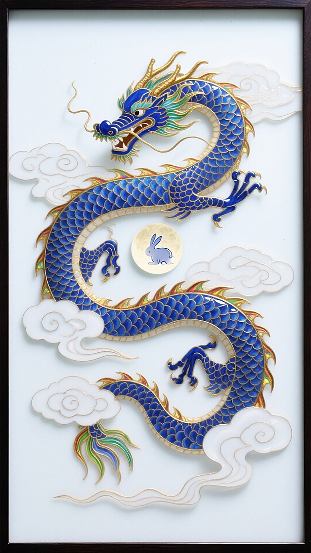 工笔风蓝金巨龙盘旋于祥云间，融鎏金浮雕质感，月华中玉兔静坐，中式古典意境浓厚，民族韵味悠长。