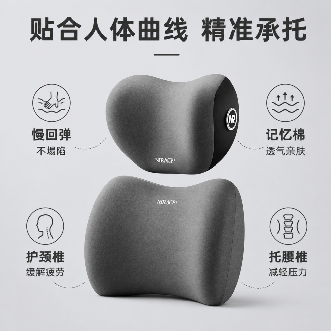 「图片1」，生成一套主图（8「图片1」张），商品名称是汽车座椅头枕，卖点是久坐不累 柔软亲肤舒服驾驶  航空及记忆棉 4s店标配 ，适配拼多多平台，主图比例为1:1预览效果