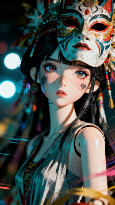 插画风格特效，特摄写实古风，BLACKSUN美学，动漫风，萨满少女，面具半遮面，华丽萨满舞，祭祀神秘仪式氛围，笔触线条清晰，强烈明暗对比，超高清，服饰垂坠感，整体清冷感，身体上半身特写，最高画质，清透预览效果