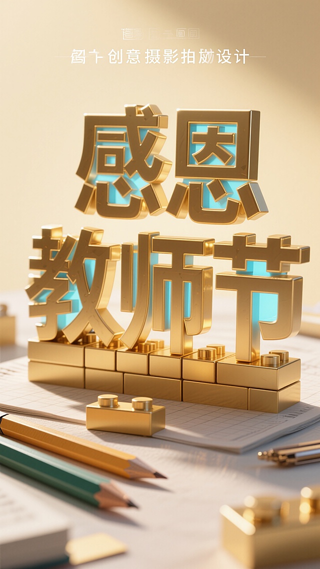 现代感3D金属风设计，大字“感恩教师节”立体呈现，彰显节日尊师重教氛围。
