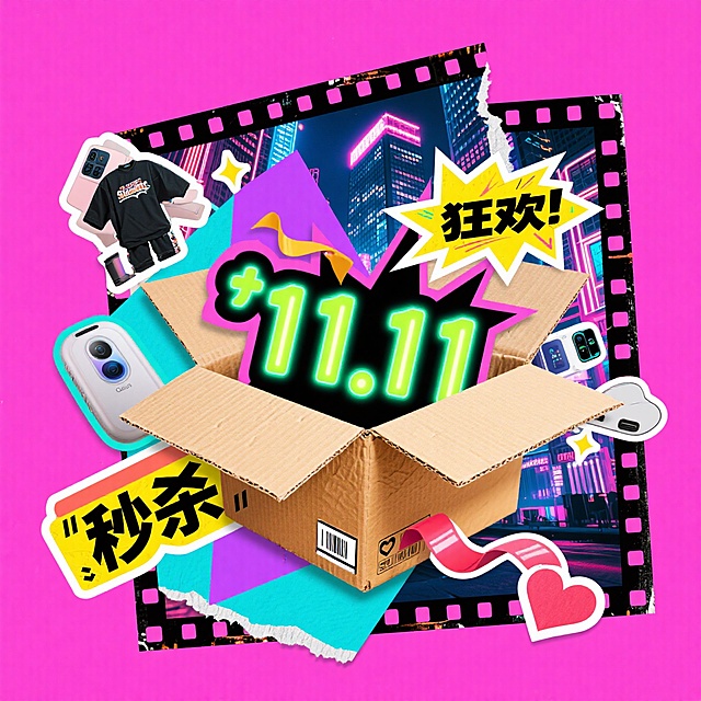 赛博朋克风与city pop碰撞，胶片拼贴+霓虹灯效，纸箱爆裂释放“11.11”狂欢，极繁主义元素堆叠，潮流感拉满，秒杀冲击力十足。