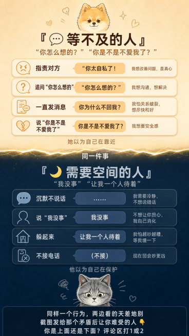 设计一张小红书竖版图文，宽度1080px，高度1920px。整体概念：上下对立，上半部分代表“等不及的人”，下半部分代表“需要空间的人”，中间用一道浅金色光线分隔，像两个世界的对话。上半部分：等不及的预览效果
