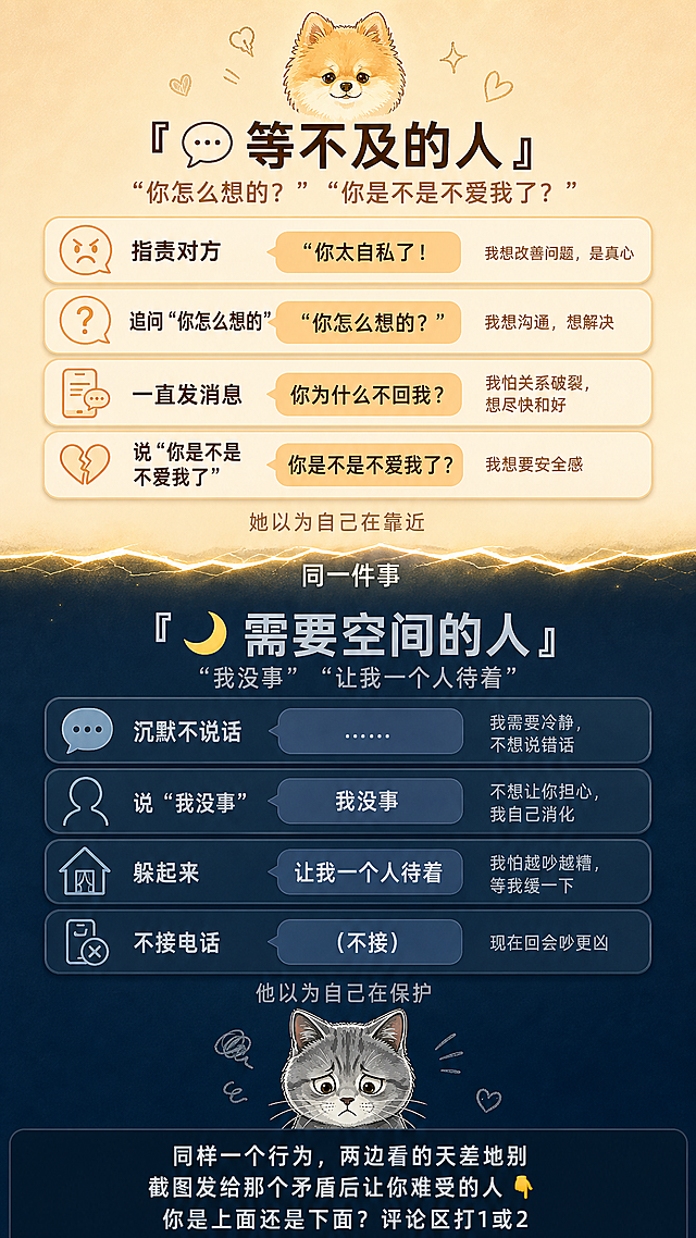 设计一张小红书竖版图文，宽度1080px，高度1920px。整体概念：上下对立，上半部分代表“等不及的人”，下半部分代表“需要空间的人”，中间用一道浅金色光线分隔，像两个世界的对话。上半部分：等不及的人，背景是暖沙色渐变（#F5E6D3 → #E8D5B5），温暖但有点“挤”的感觉。顶部放附件1的小博美头像，做成简笔手绘风格，暖橙色，宽度80px。大标题「💬 等不及的人」，深棕色（#4A3B2C），居中，48px。副标题「“你怎么想的？”“你是不是不爱我了？”」，浅棕色，32px。中间用卡片形式列出4个最典型的行为：卡片1：指责对方 - 对话框（暖橙色底，深棕色字）：“你太自私了！” - 下方小字：“我想改善问题，是真心”；卡片2：追问“你怎么想的” - 对话框：“你怎么想的？” - 下方小字：“我想沟通，想解决”；卡片3：一直发消息 - 对话框：“你为什么不回我？” - 下方小字：“我怕关系破裂，想尽快和好”；卡片4：说“你是不是不爱我了” - 对话框：“你是不是不爱我了？” - 下方小字：“我想要安全感”。底部小字居中，浅棕色：「她以为自己在靠近」。中间分隔：一道浅金色光线（#D4C4A8），从左边延伸到右边，像“裂痕”或“界线”，中间写一行小字：「同一件事」，白色，24px。下半部分：需要空间的人，背景是深蓝灰色渐变（#2C3E50 → #1A2A3A），安静、收缩感。底部放附件2的孤猫头像，做成简笔手绘风格，冷灰色，宽度80px。大标题「🌙 需要空间的人」，浅灰色（#D4D4D4），居中，48px。副标题「“我没事”“让我一个人待着”」，灰色，32px。卡片形式和上半部分对应：卡片1：沉默不说话 - 对话框（深蓝色底，浅灰色字）：“……” - 下方小字：“我需要冷静，不想说错话”；卡片2：说“我没事” - 对话框：“我没事” - 下方小字：“不想让你担心，我自己消化”；卡片3：躲起来 - 对话框：“让我一个人待着” - 下方小字：“我怕越吵越糟，等我缓一下”；卡片4：不接电话 - 对话框：“（不接）” - 下方小字：“现在回会吵更凶”。底部小字居中，灰色：「他以为自己在保护」。底部引导区，深色背景，白色文字，居中：「同样一个行为，两边看的天差地别」「截图发给那个矛盾后让你难受的人 👇」「你是上面还是下面？评论区打1或2」。整体要求：不要水印，不要出现“焦虑型”“回避型”“依恋”等词，上下两部分形成鲜明对比：温暖 vs 冷静、向外 vs 向内，字体清晰，对比度足够。