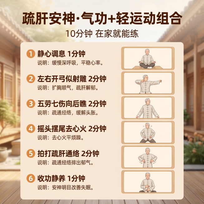 [主图 4] 疏肝安神气功+轻运动分步教学；
[氛围风格] 古风，整体暖色调，延续主图1中式庭院风格，清晰直观的动作教学氛围；
[画质] 商业图文质感，文字清晰锐利，画面干净高级，色彩柔和通透；
[元预览效果