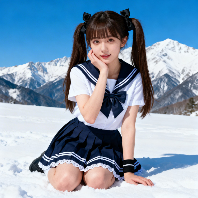 18岁东亚少女，双马尾发型，深棕色长发，黑色蝴蝶结发饰，空气刘海，清澈明亮的眼睛，精致甜美的五官，白皙肌肤。身穿经典藏青色水手服，白色短袖上衣，藏青色海军领配白色条纹，胸前大蝴蝶结，藏青色百褶短裙带白预览效果